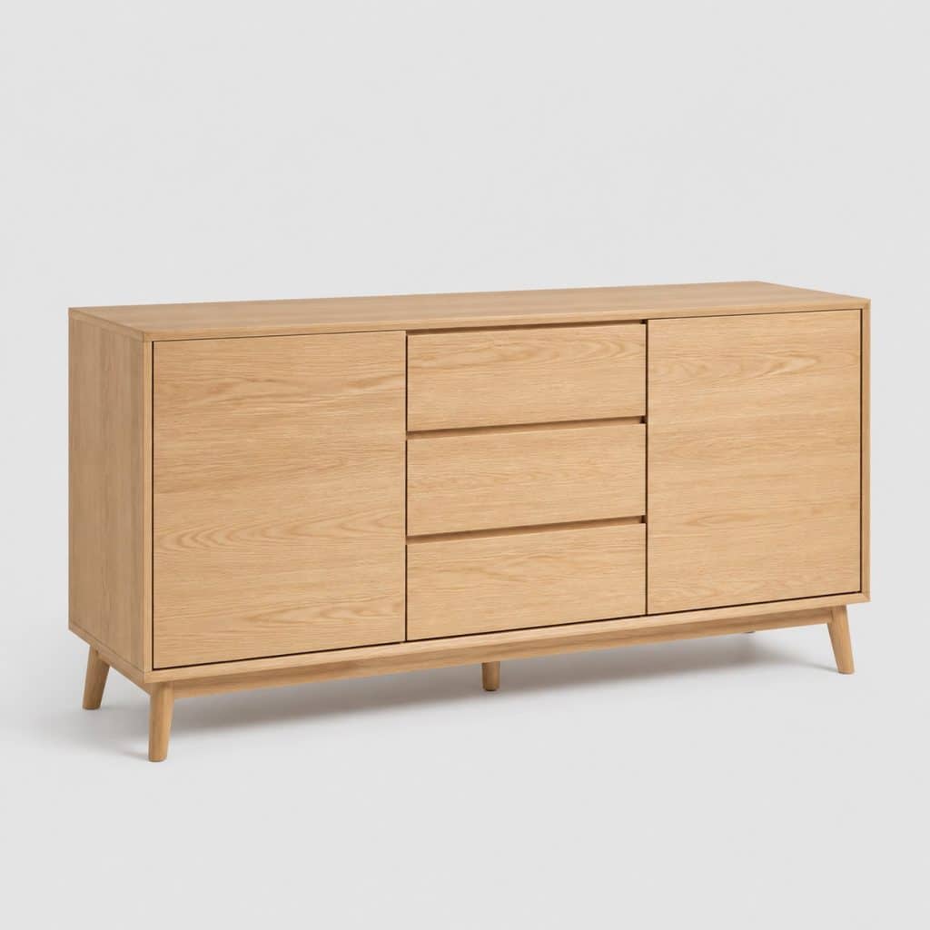 Buffet en bois clair chêne 2 portes 3 tiroirs vu de face
