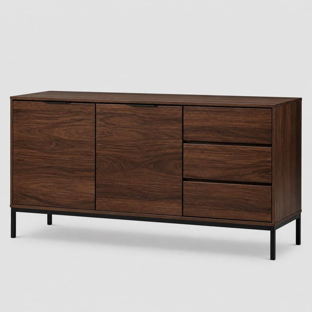Buffet en bois foncé teinte noyer 2 portes 3 tiroirs vu de face
