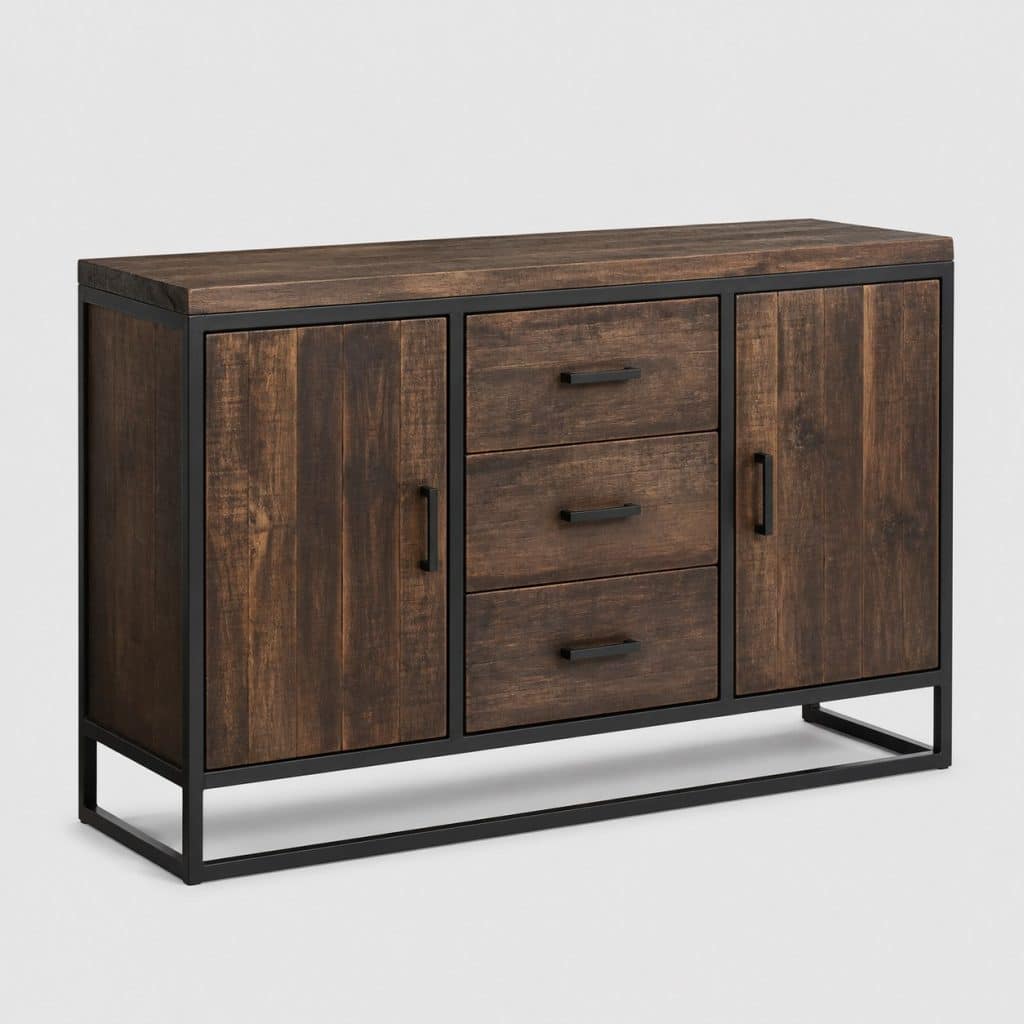 Buffet industriel bois massif de manguier et métal noir vu de face