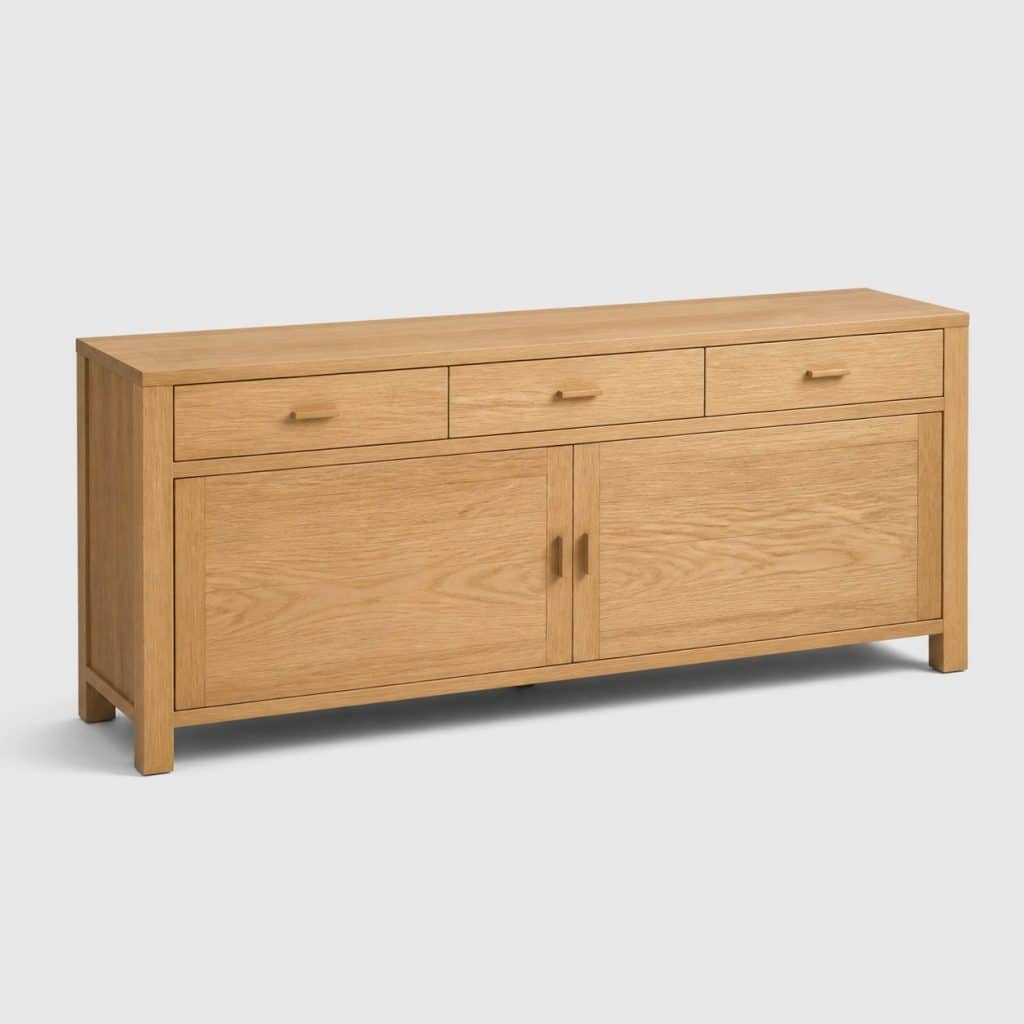 Buffet en bois naturel 2 portes 3 tiroirs vu de face