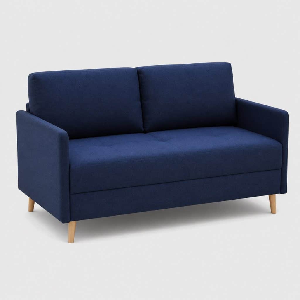 Petit canapé convertible 2 places en tissu bleu nuit, position assise