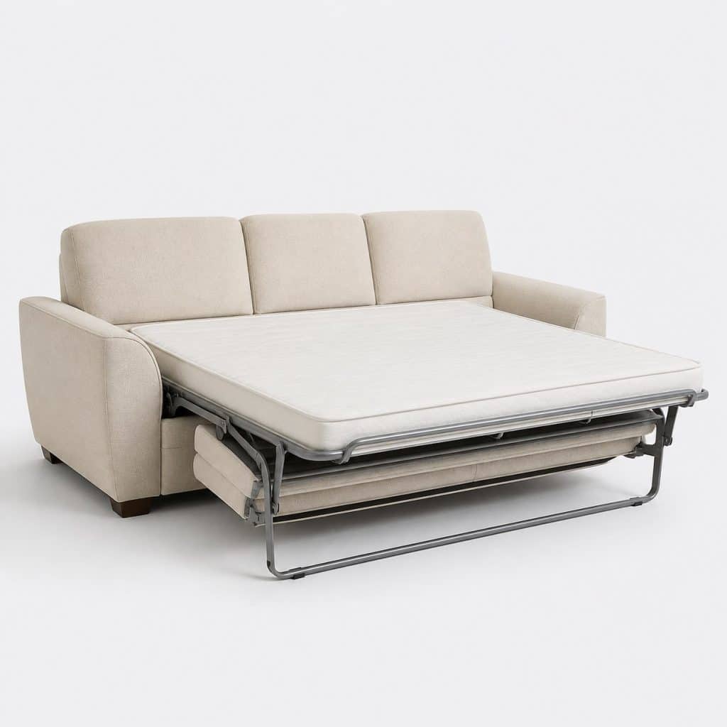 Canapé convertible italien en tissu beige haut de gamme, position assise
