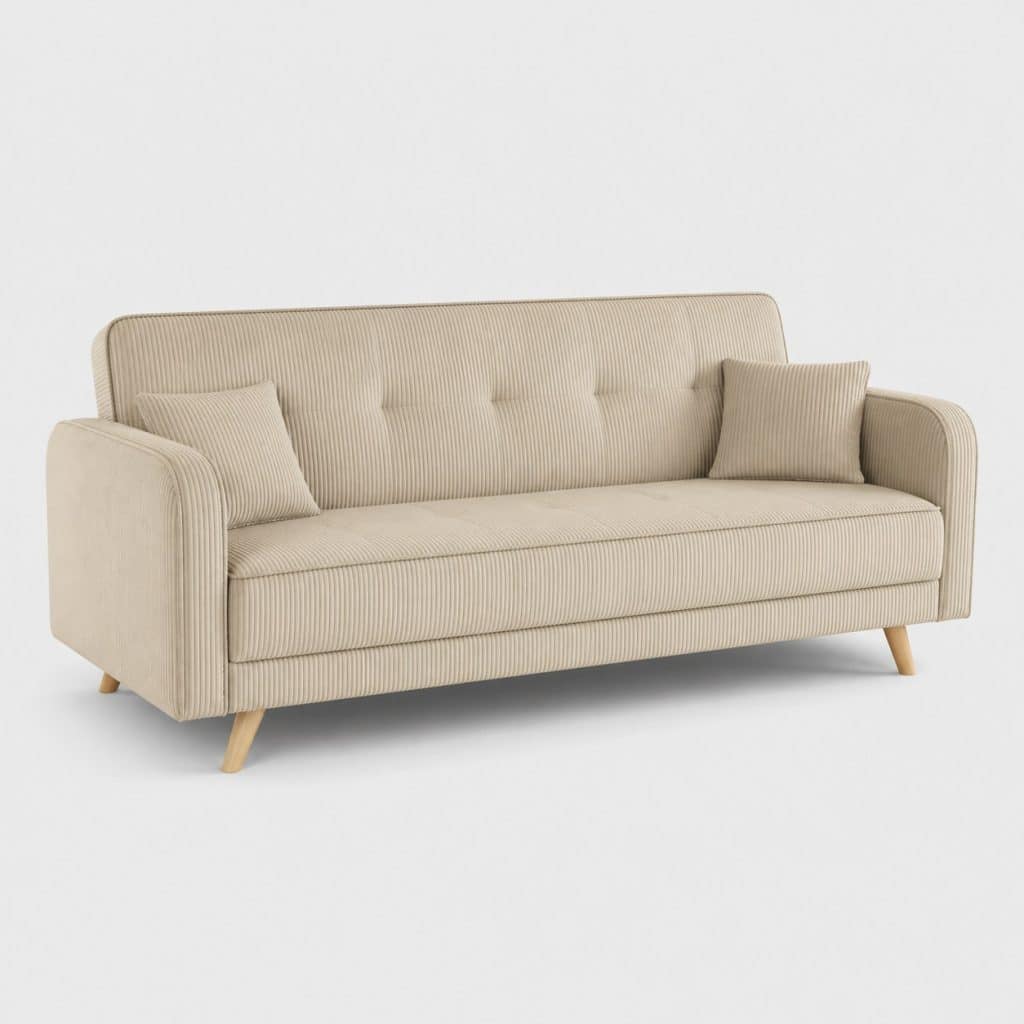 Canapé convertible 3 places en velours côtelé beige, position assise