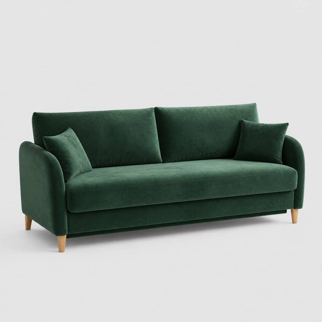 Canapé convertible 3 places en velours vert, position assise
