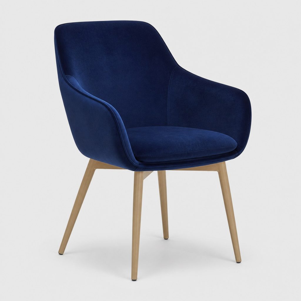 Chaise de salle à manger design en velours bleu à coque enveloppante