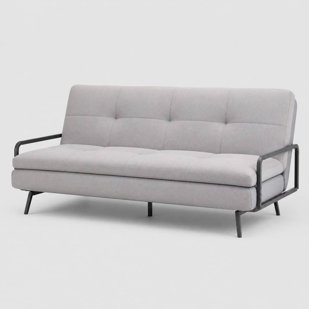 Banquette clic-clac 2 places en tissu gris clair, position banquette