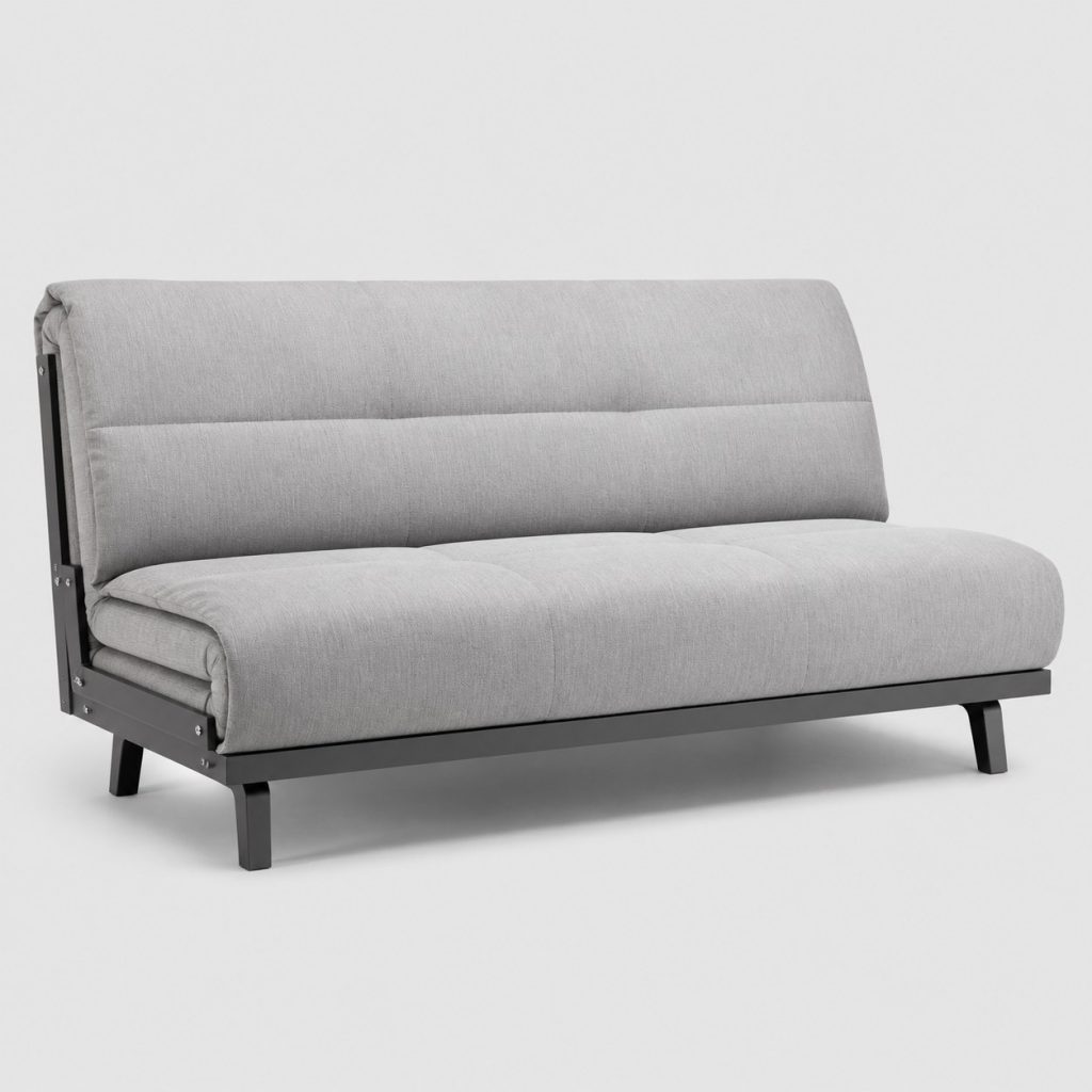 Banquette clic-clac grand format en tissu gris clair, position banquette