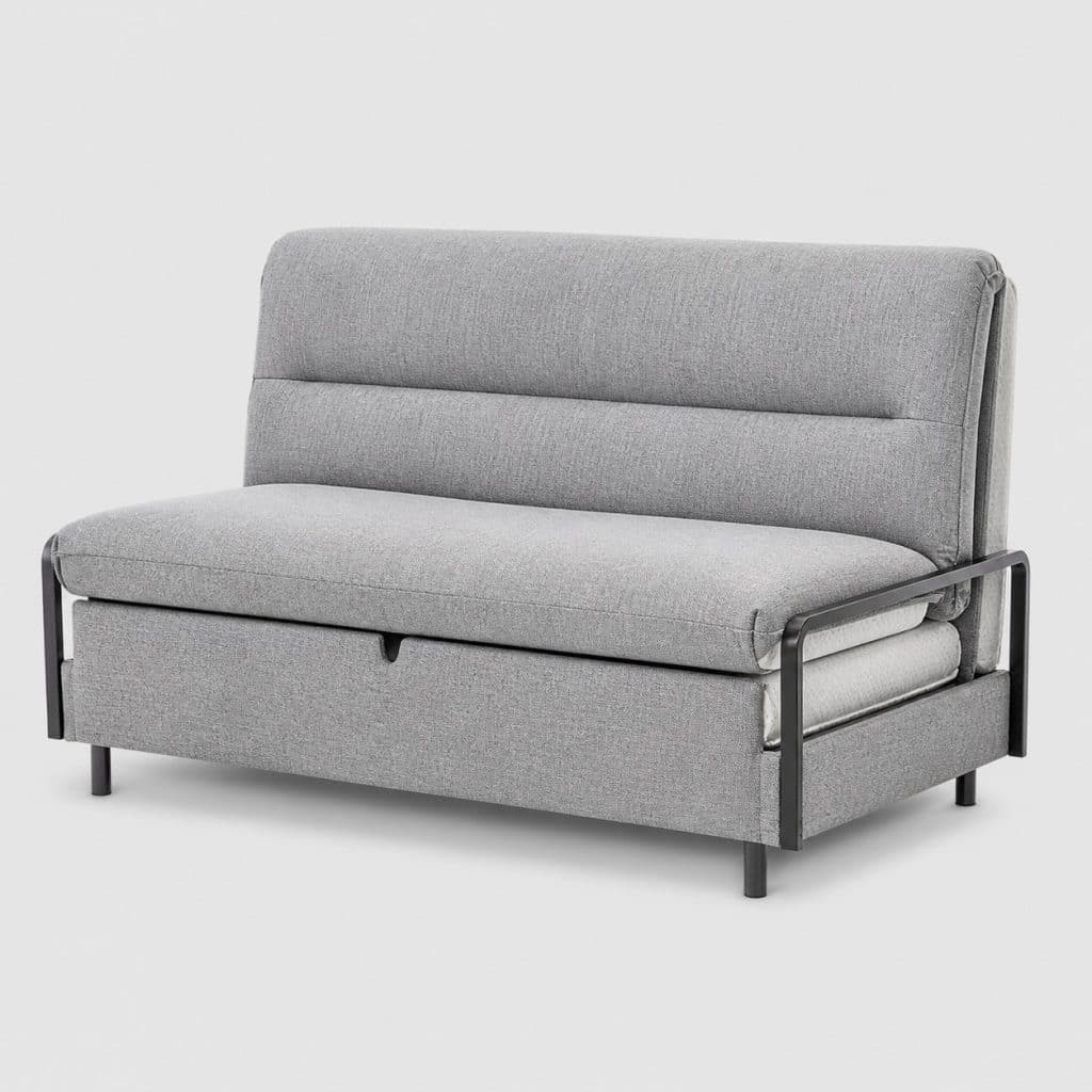Banquette clic-clac 2 places en tissu gris clair, position banquette