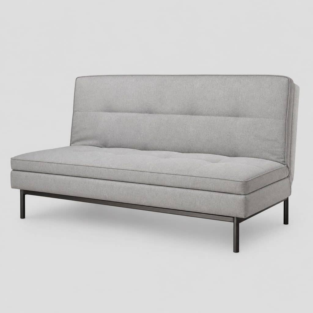 Banquette clic-clac 2 places en tissu gris clair, position banquette