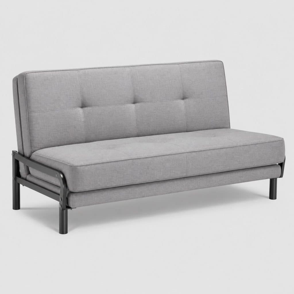 Banquette clic-clac 2 places en tissu gris clair, position banquette