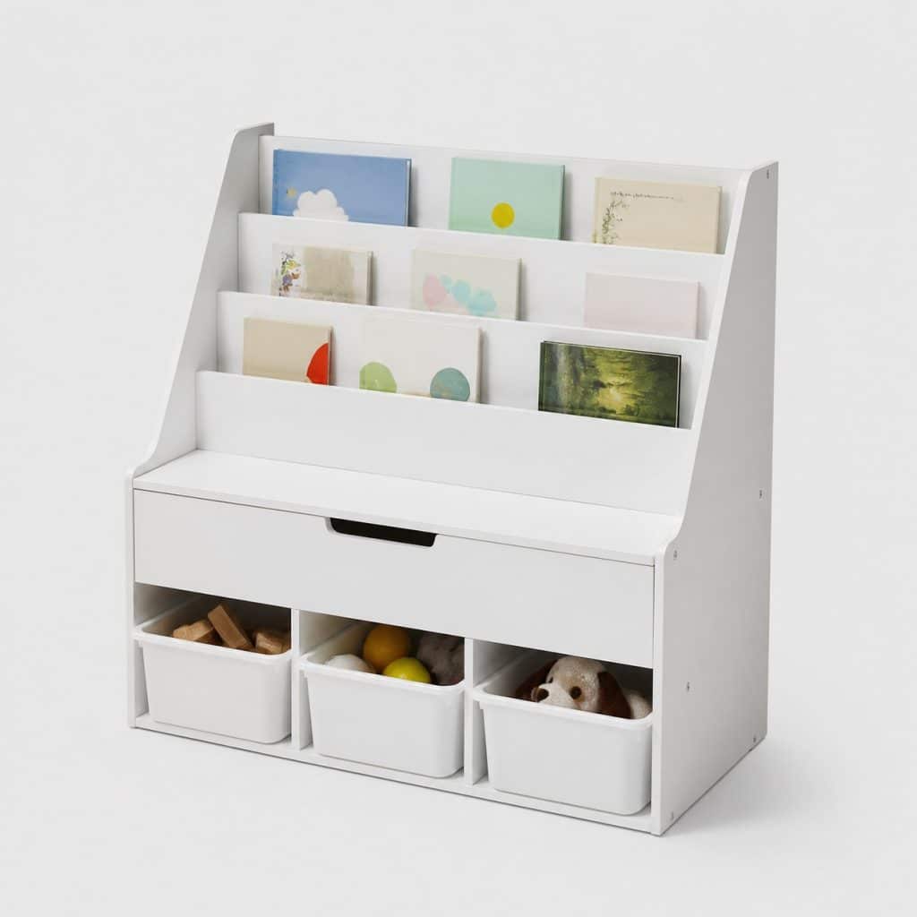 Coffre à jouets avec bibliothèque frontale blanche