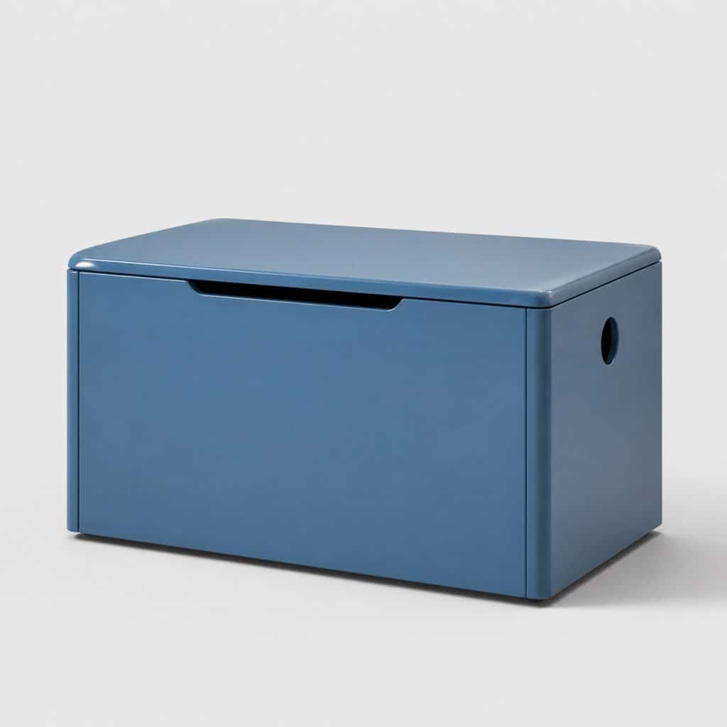 Coffre à jouets enfant en MDF laqué bleu, couvercle fermé