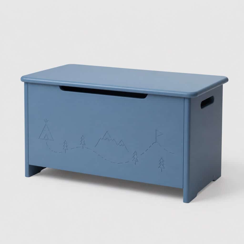 Coffre à jouets banc en MDF laqué bleu, couvercle fermé