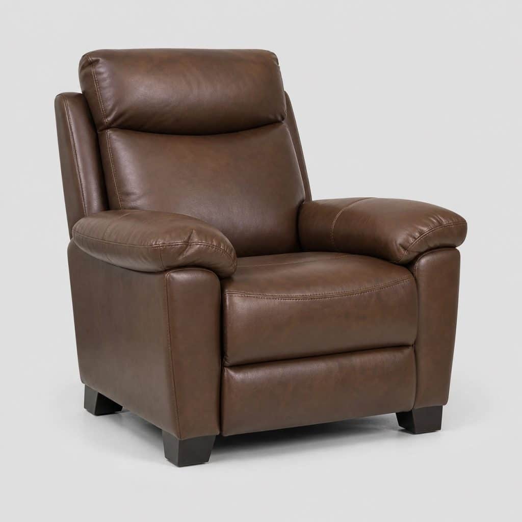Fauteuil relax en cuir marron avec dossier haut et repose-pieds intégré