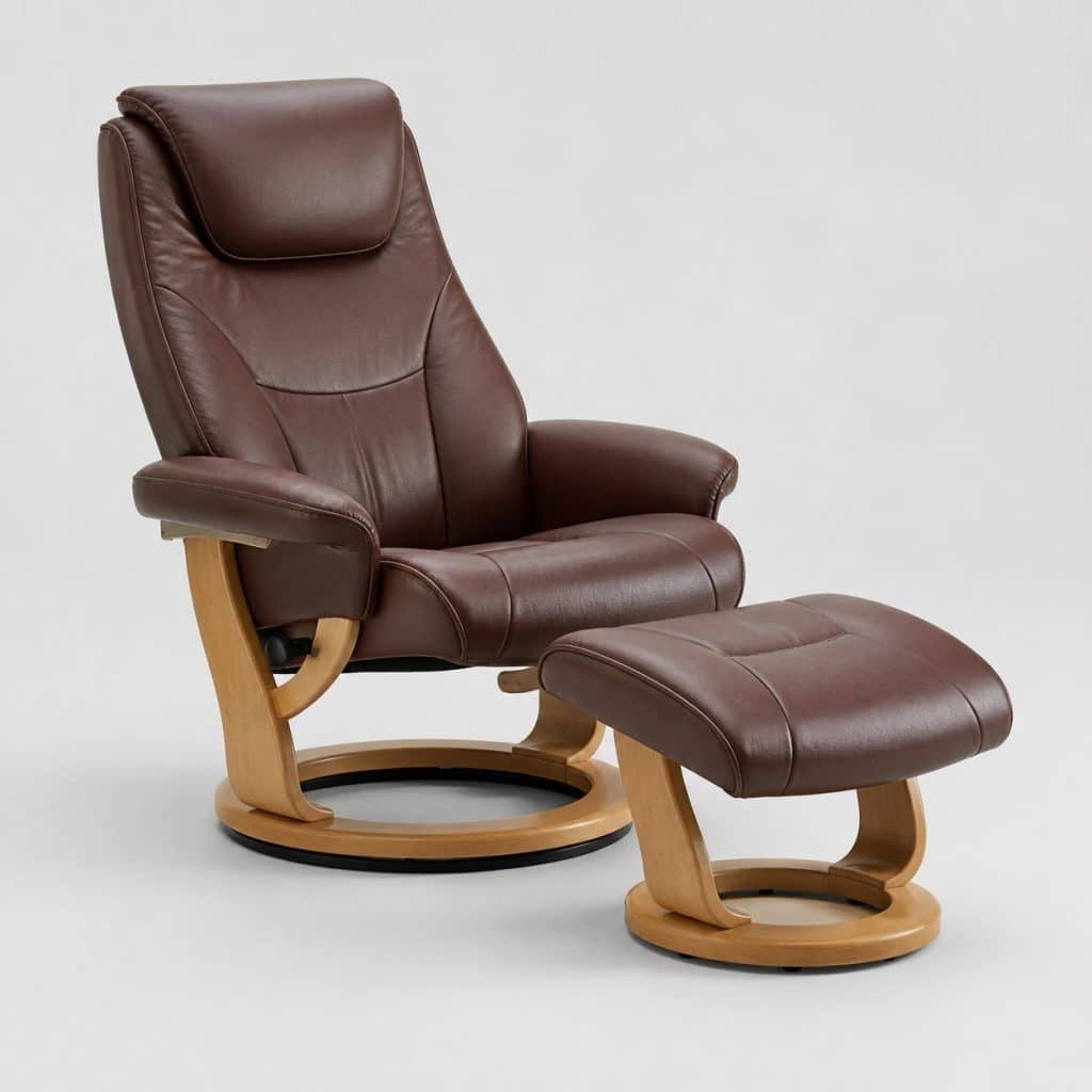 Fauteuil relax premium en cuir marron sur socle pivotant en bois