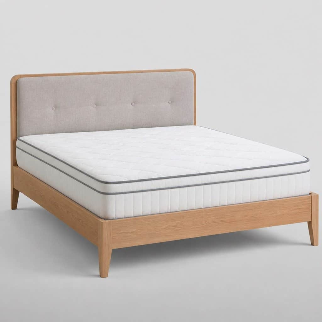 Pack lit 2 places avec tête de lit grise, sommier à lattes et matelas ressorts