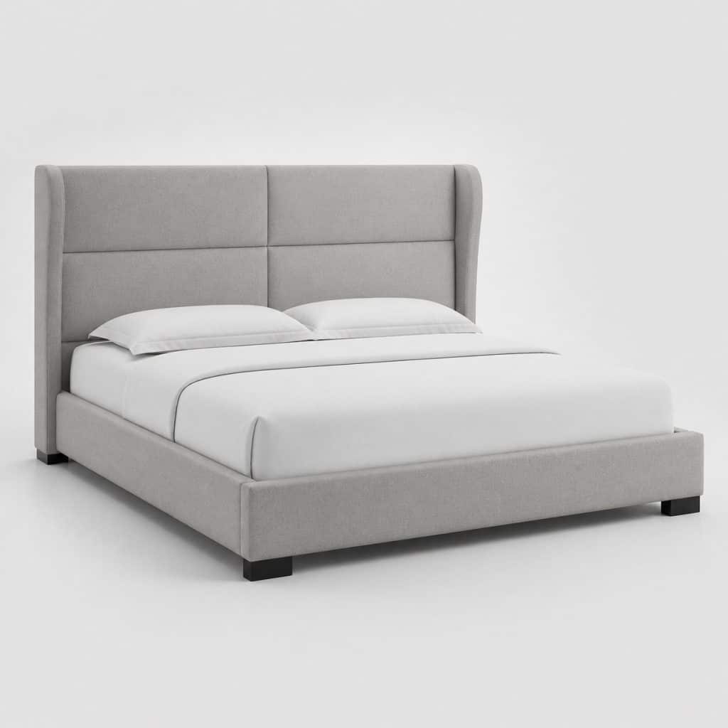 Lit grand format avec tête de lit en tissu gris clair et couchage large