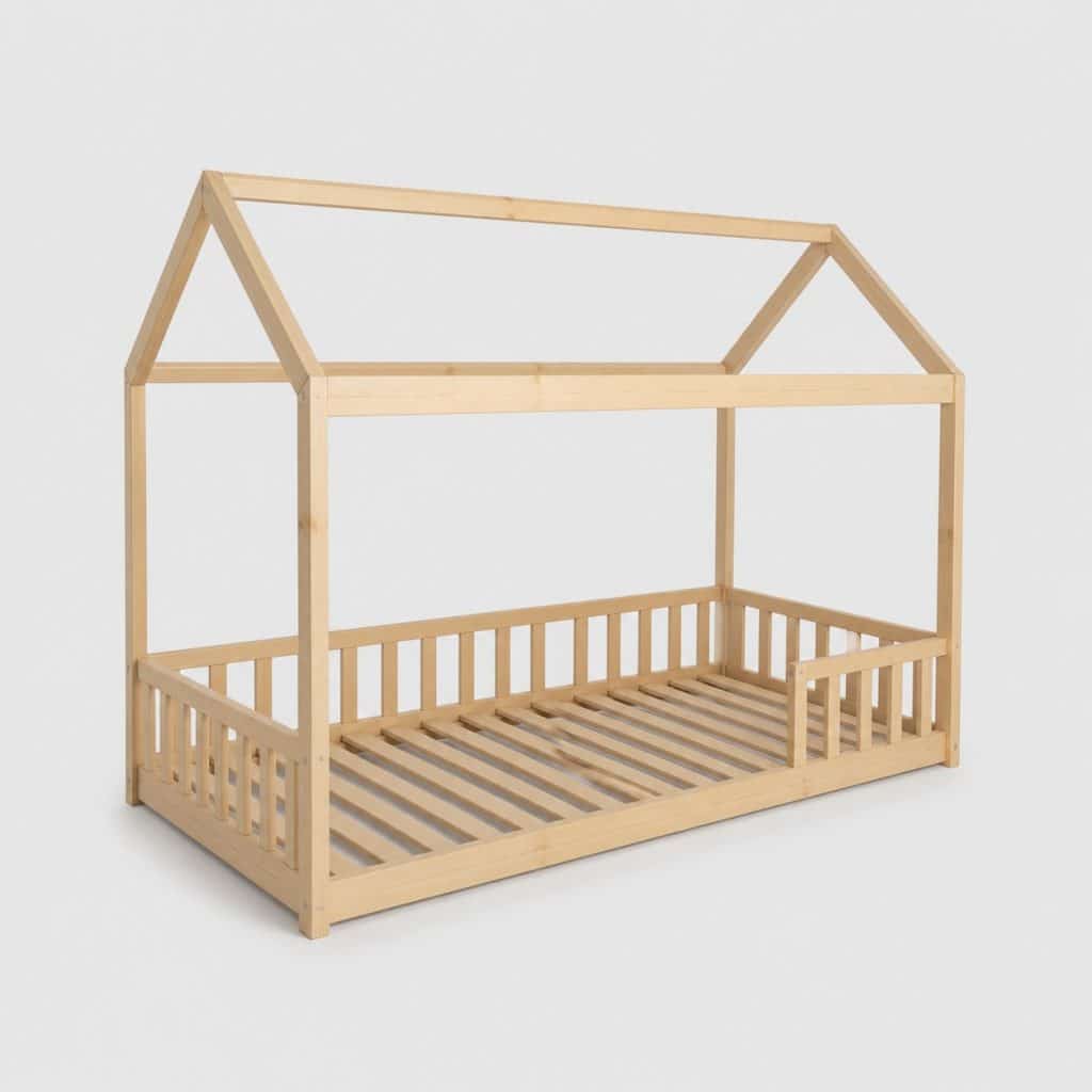 Grand lit cabane enfant en bois massif au couchage 140 x 190 cm