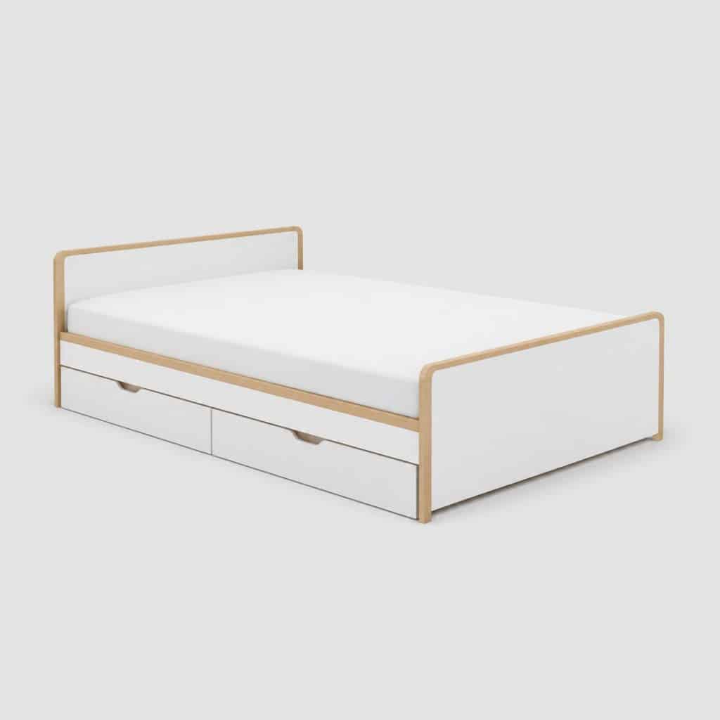 Lit enfant blanc et chêne avec tiroirs de rangement intégrés