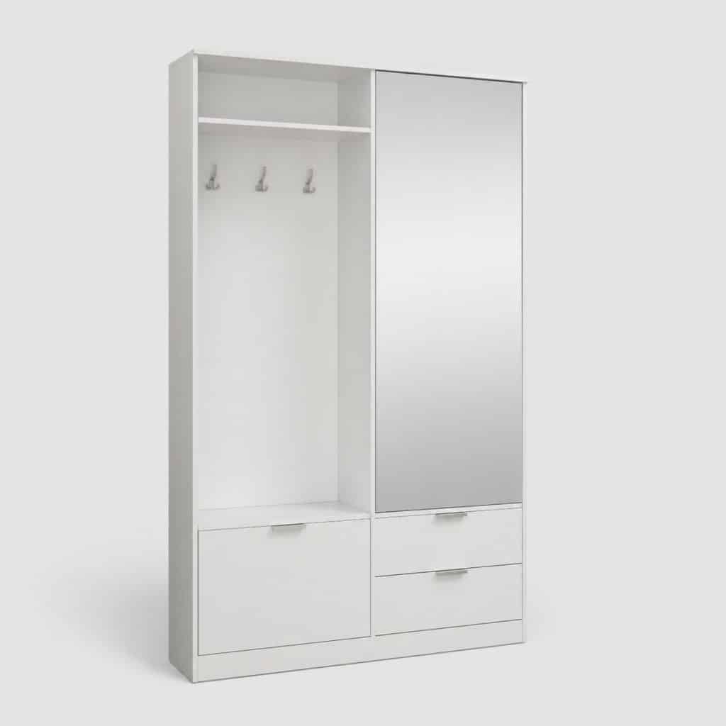 Meuble d'entrée chic blanc avec façades mates et miroir intégré