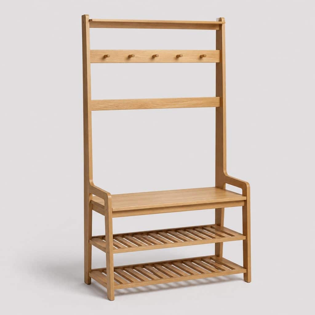 Meuble d'entrée en bois clair avec porte-manteau intégré, banc et étagère
