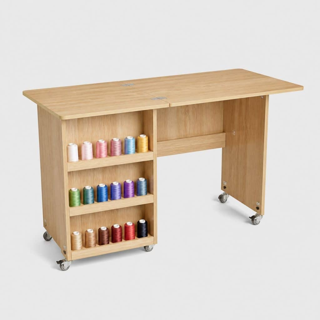Table de couture pliable à roulettes en bois clair avec étagères à bobines