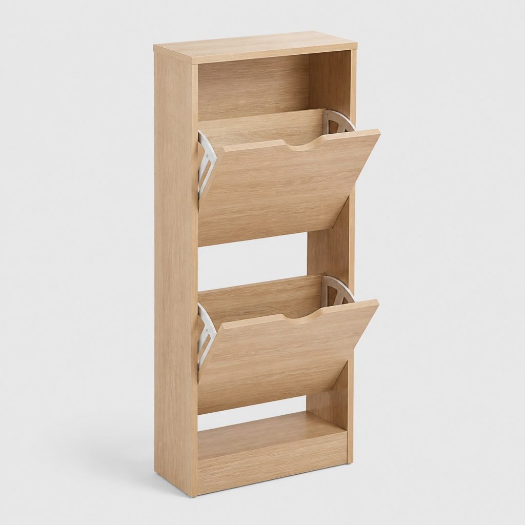 Petit meuble d'entrée étroit en bois clair à abattants
