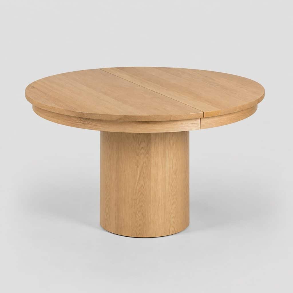 Table à manger ronde extensible en bois chêne clair, position fermée