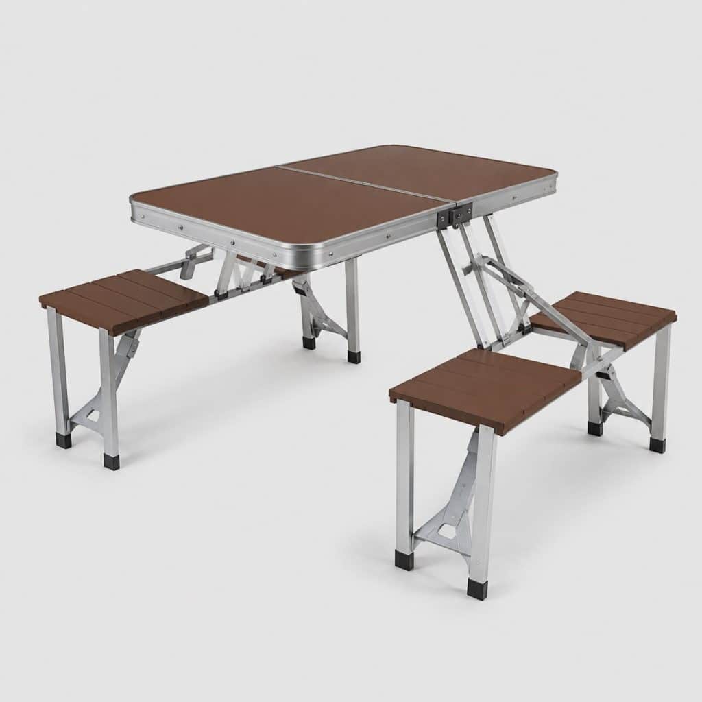 Ensemble table pliante avec deux bancs intégrés, format valise