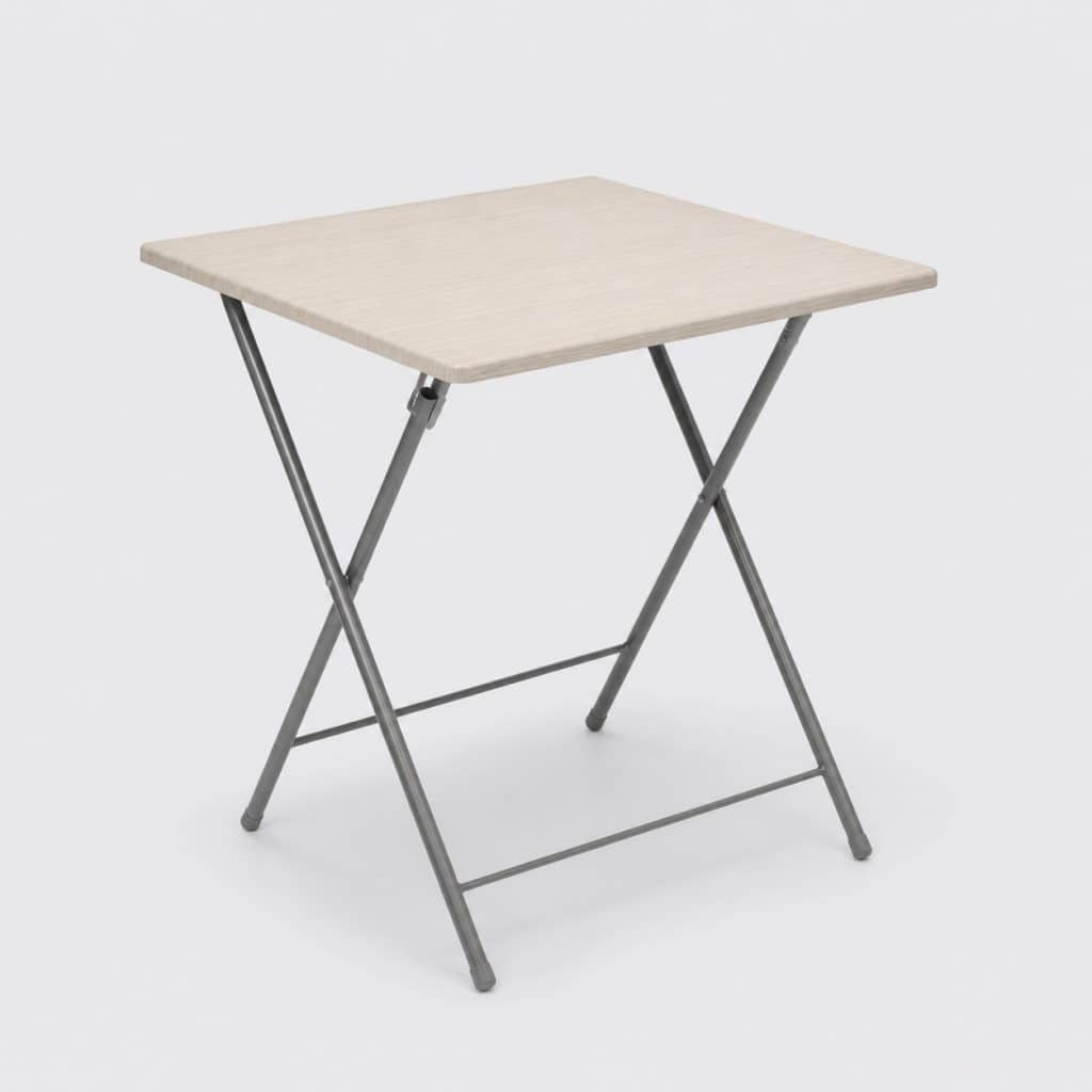 Petite table pliante carrée à plateau clair et pieds métalliques