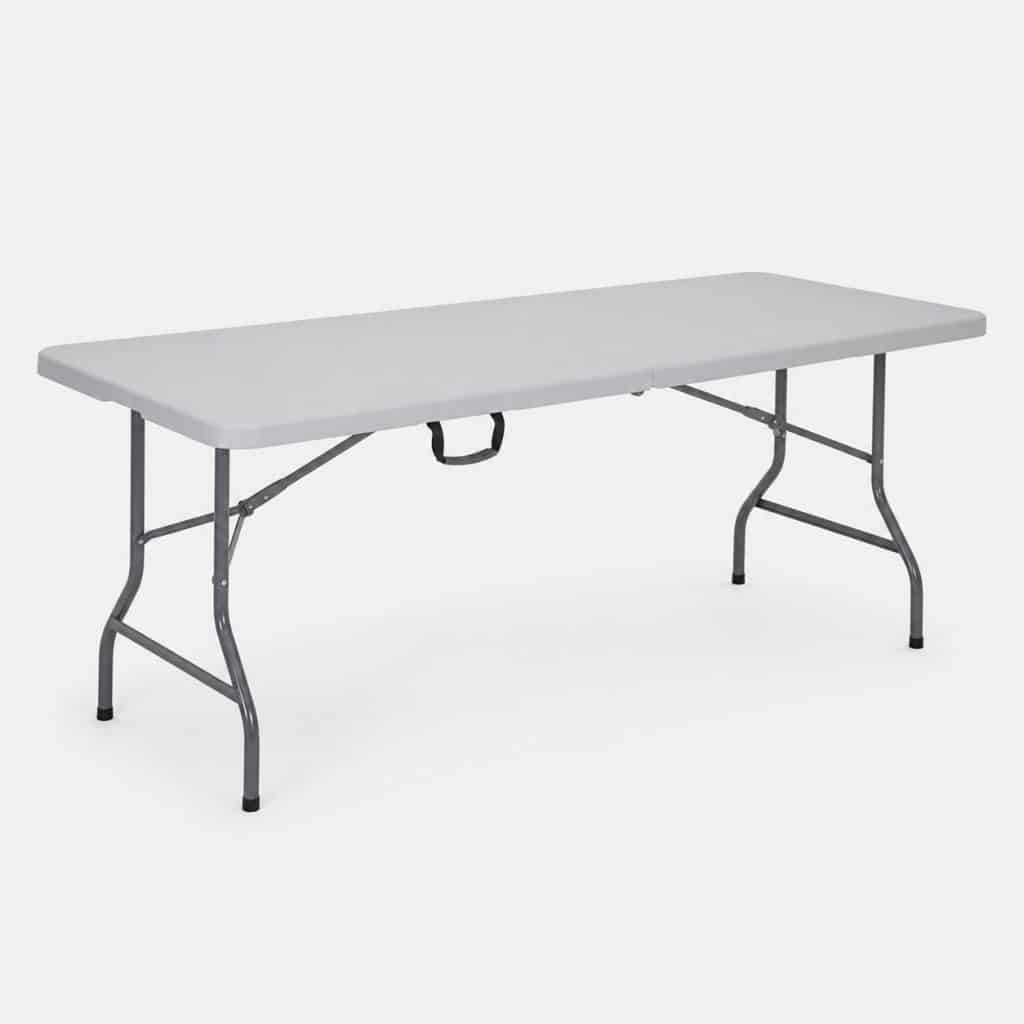 Table pliante à plateau plastique gris et cadre acier, 8 places
