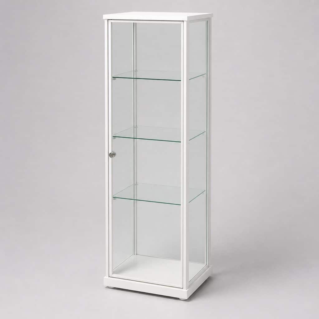Vitrine en verre étroite blanche à quatre niveaux pour collection
