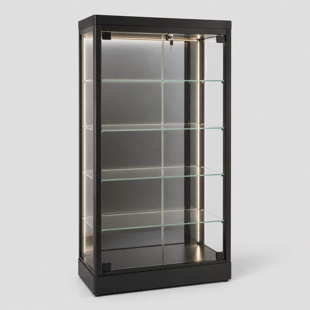 Vitrine en verre noire pour collectionneur avec éclairage LED, vue de face