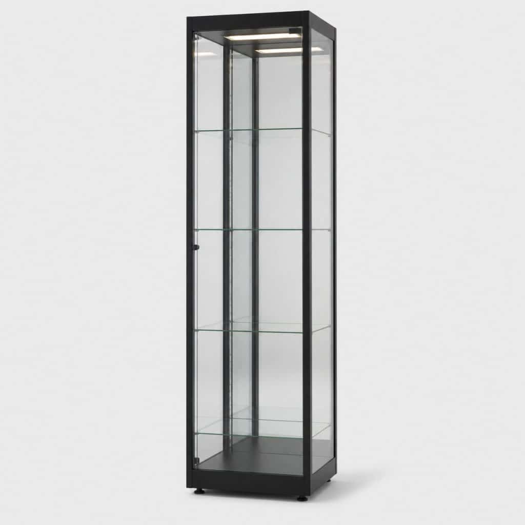 Vitrine colonne en verre haute et étroite noire à dos miroir, vue de face